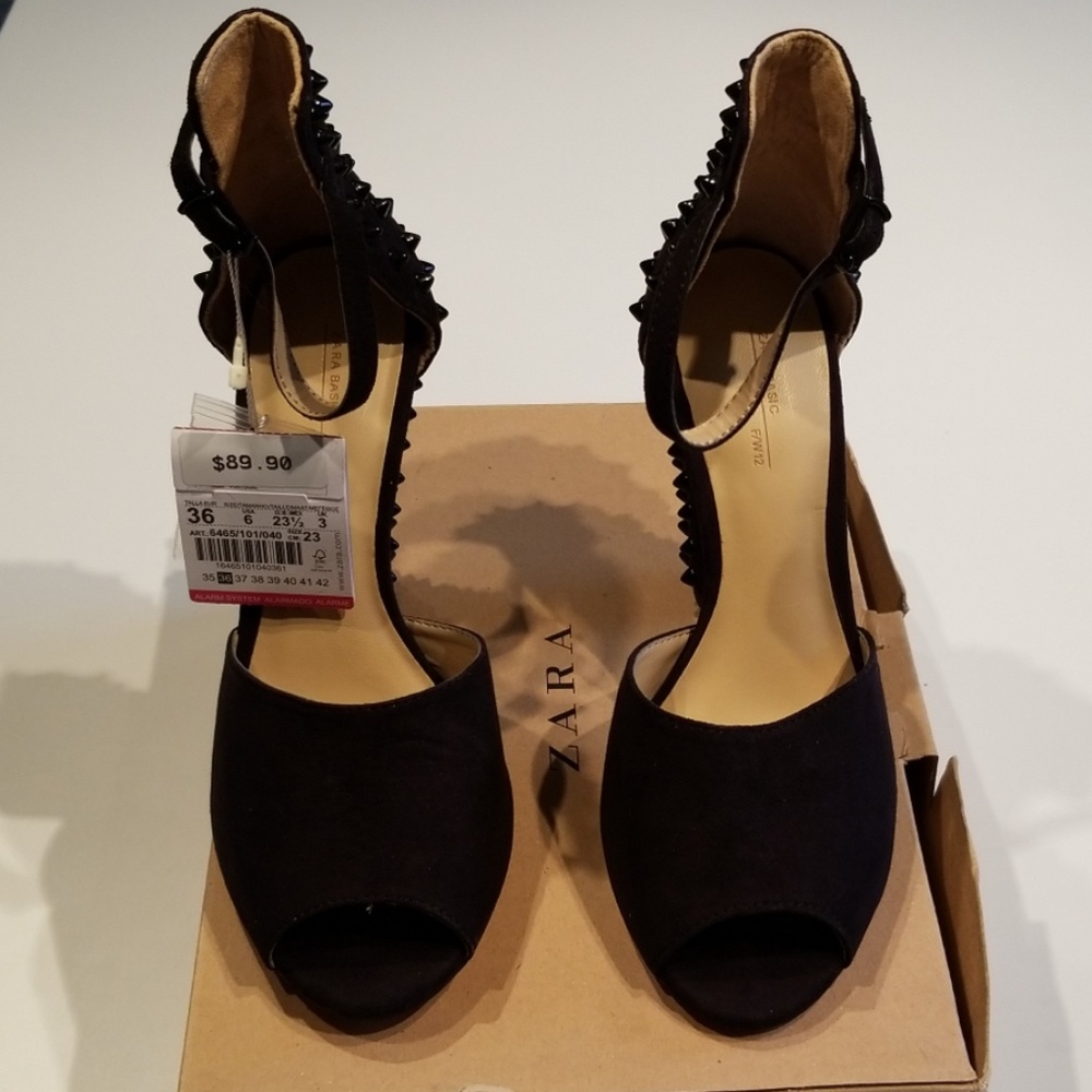 Zara Sandalia Tachas Black Nubuck Open-Toe Heels